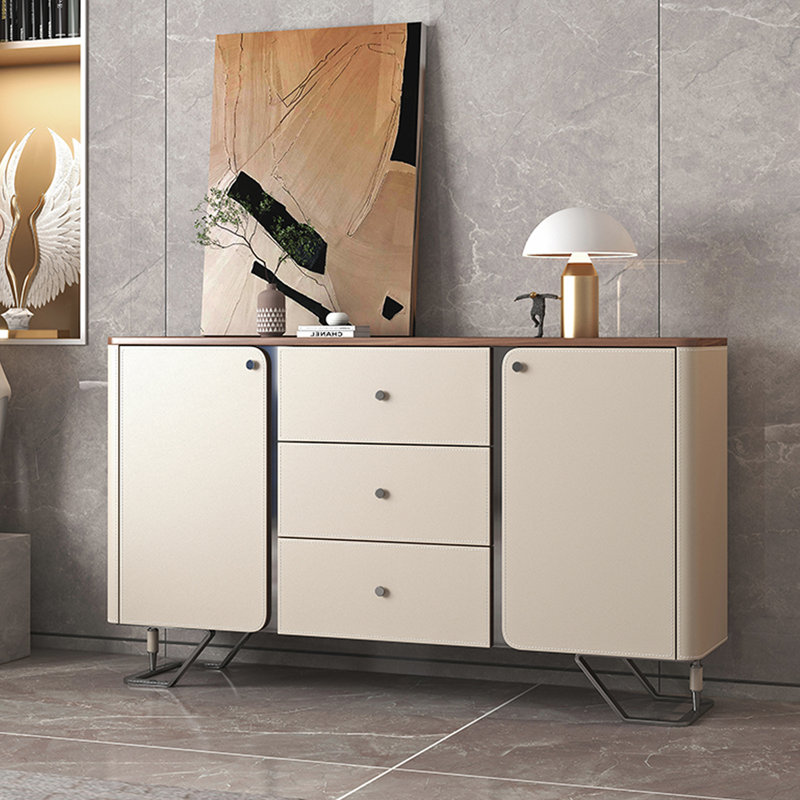 Buffet moderne en cuir avec rangement, Noyer / beige abricot / argent