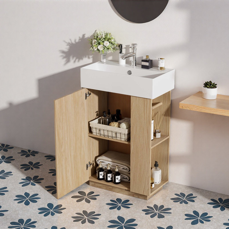 Meuble-lavabo de salle de bain avec lavabo en céramique, armoire à grain de bois autoportante à gauche avec rangement ouvert et fermé