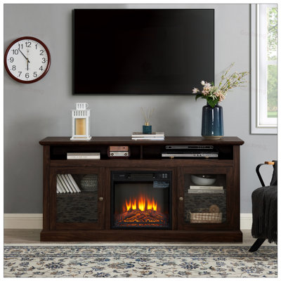 Meuble télé contemporain avec meuble télé et foyer encastrable 18 po pour téléviseur de 65 po ou moins avec espace de rangement ouvert et fermé
