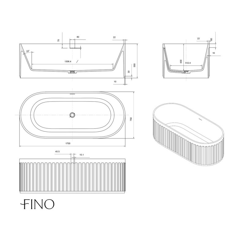 1700mm x 750mm Freestanding Stone Bathtub