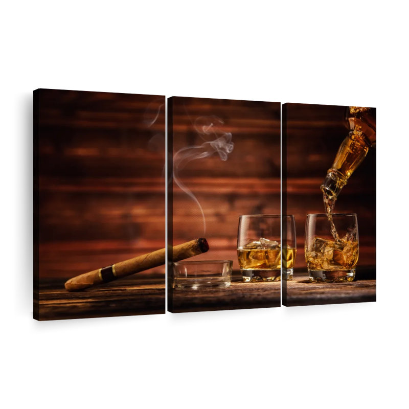 Excellent whisky - 3 pièces sur toile tendue, H 32 po x l 50 po x P 1,25 po