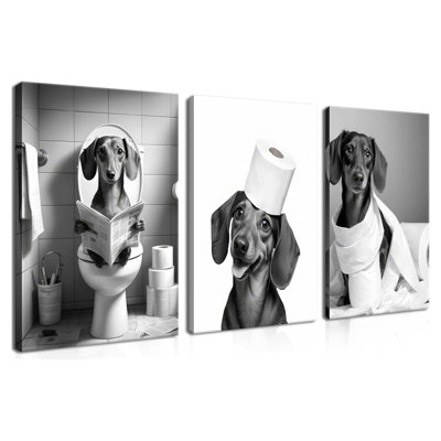 Funny Dachshund Dog Wall Art Set Of 3, Dachshund Bathroom Wall Decor Paintings, Black And White Dog Pictures Animal Canvas Posters Prints For Bathroom Restroom Home Decor Framed 12X16 Inch
