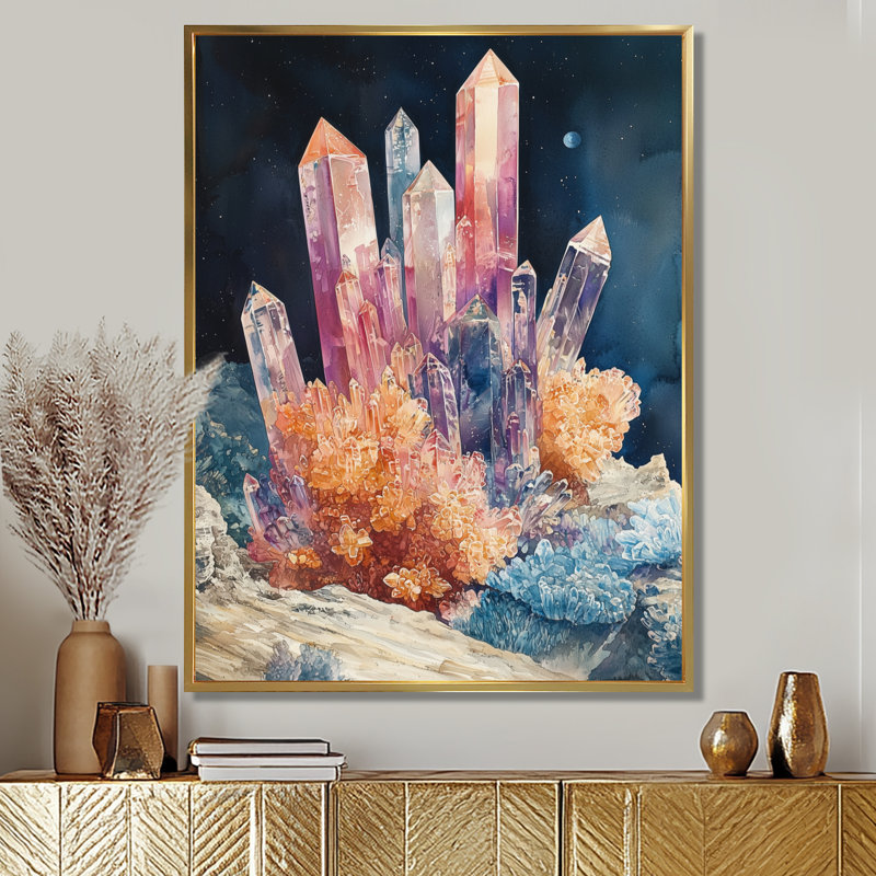 Cristaux de Baltz et rose et bleu à la lune II - cristaux, art mural, H 40 po x l 30 po, Doré