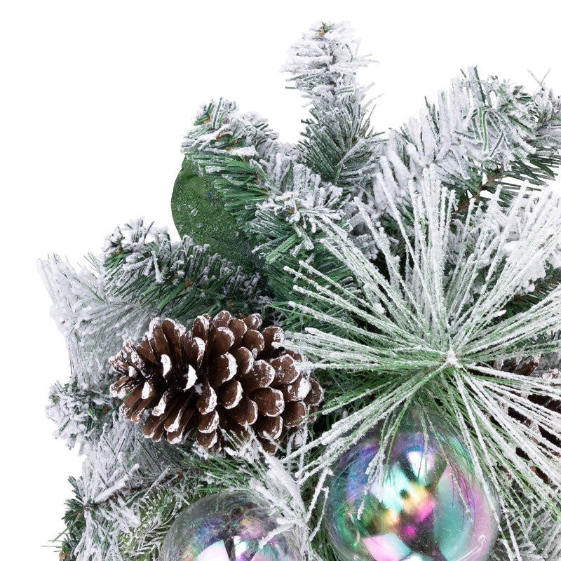 30" Flocked Pine Unlit Christmas Teardrop Swag with Iridescent Ornaments