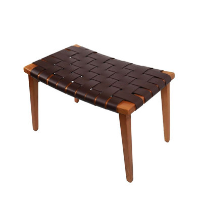 27" Checker Weave Leather Footstool with Ash Wood Legs, Dark Brown
