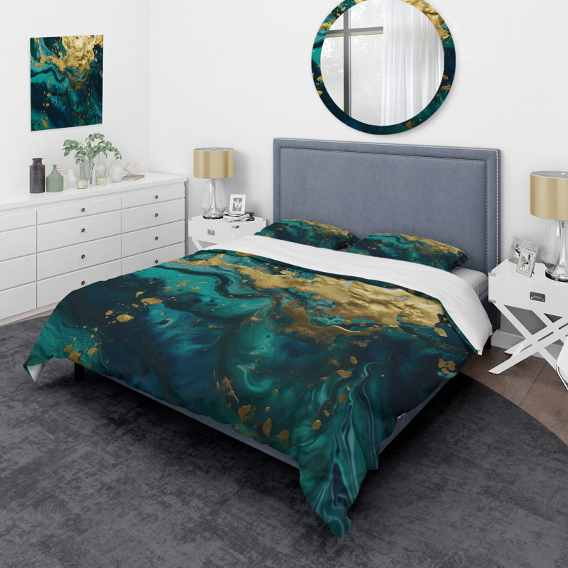 Ensemble de housse de couette en microfibre / polyester Teal and Gold, Housse de couette simple + 1 taie décorative stan