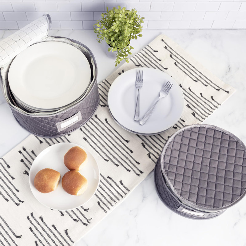Fine China Storage - Set Of 4 Quilted Cases For Dinnerware Storage. Sizes: 12" - 10" - 8" And 7" Wide - Grey - 48 Felt Plate Separators Included