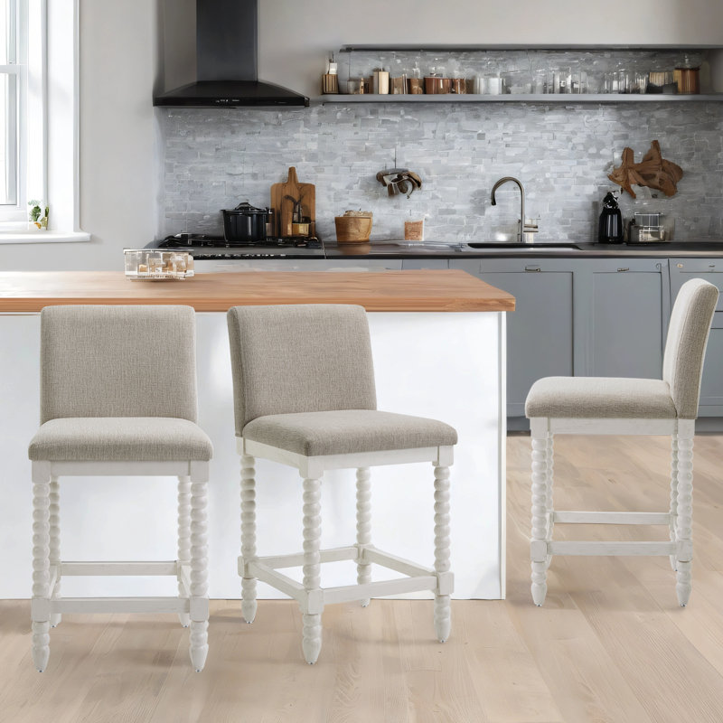 Tamami 26" High Modern Farmhouse Turned Leg Beaded Counter Stool, Beige, White, 3