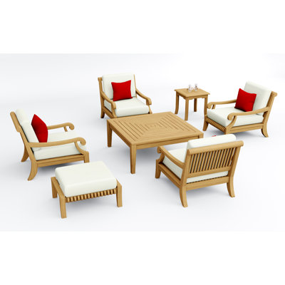 Teakstation 7 Pc Teak Wood Lounge Chair Set: 4 Lounge Chairs, Ottoman, Square Coffee Table & Side Table With Cushions In Outdoor Sunbrella Fabric #5404 Canvas Natural
