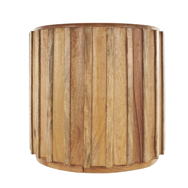Claree Mango Wood Handmade Concaved Curve Drum Side End Brown Accent Table with Ridges, 18.25" H x 19.3" W x 19.3" D
