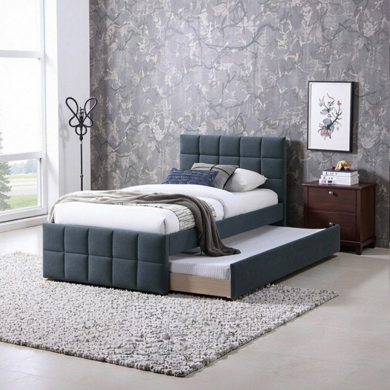 Lit gigogne simple avec tête et pied de lit rembourrés, lin gris anthracite - Mobilier de chambre à coucher moderne et peu encombrant