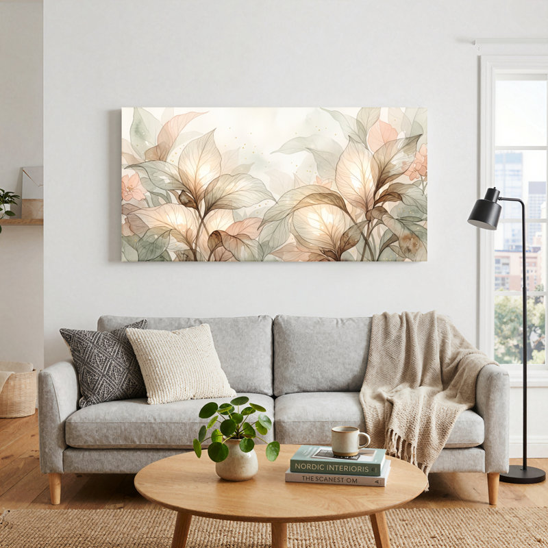 Ensemble de 1 tableau sur toile à l'aquarelle représentant des feuilles, L 40 po x H 20 po, Toile tendue