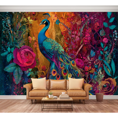 Wall Mural Peel and Stick eacock Feather Aesthetic Rich Teal Blue Bird Rose Floral Vintage Large Wallpaper Self-Adhesive Removable Contact Paper Wall Decor for Living Room Bedroom Nursery 100"H x 144"W