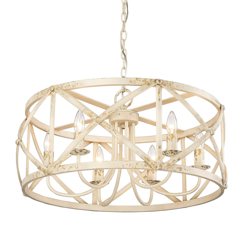 6 - Light Dimmable Lantern Drum Chandelier, Antique Ivory