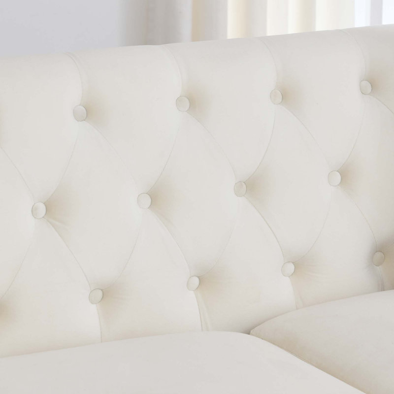 Canapé Chesterfield moderne en velours, dossier capitonné, accoudoirs cloutés et 2 coussins., 77" W, Beige Velvet