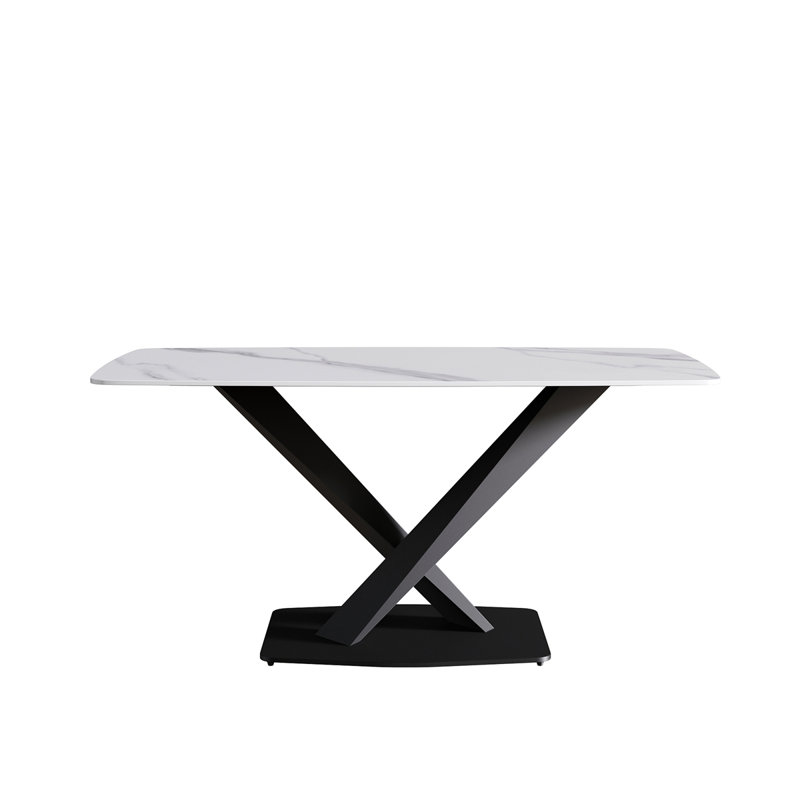 Quiara Stone Top Metal Base Dining Table, White, Black