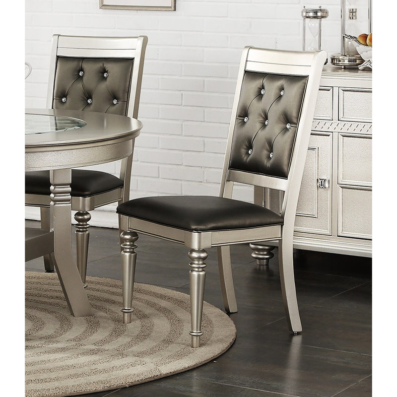 De 2 chaises de salle à manger, dossier luxueux avec accents argentés, coussin rembourré, gris et argent, bois d'hévéa, revêtement 2 pièces de style classique, siège, visibilité