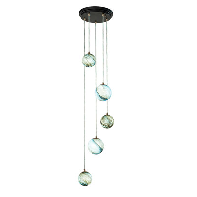 12'' 5-light Modern Glazed Glass Globe Staircase Chandelier Coastal Handcrafted Glass Pendant In Matte Black For Foyer Entryway