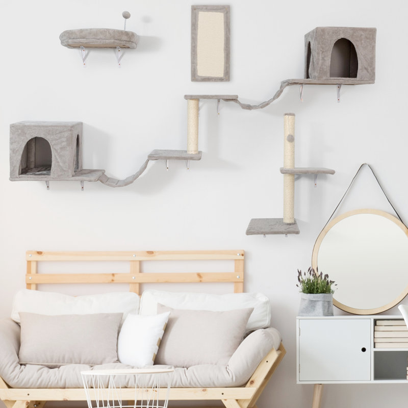 Meuble pour chat mural avec 2 condos, 3 tablettes, échelles, 1 perchoir, poteaux à griffer, espace pour les chats, perchoir et structure de base stable