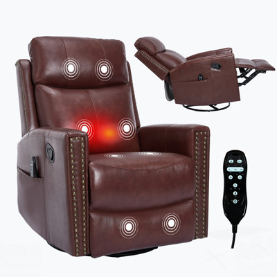 Genuine Leather Heat Massage Manual Recliner Chair With Rocker And Swivel For Living Room Comfort