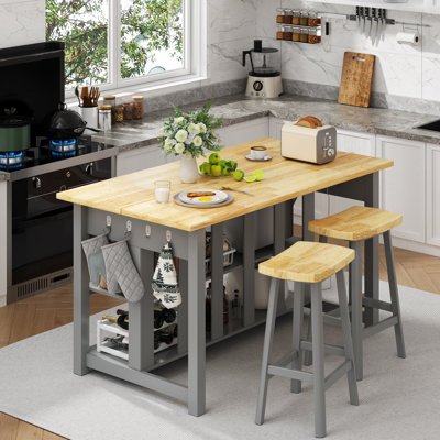 47.3" Solid Rubberwood Kitchen Island with Power Outlets - Extra Large Work Surface, 2 Drawers & Open Shelves Storage Cabinet for Kitchen Dining Room, Farmhouse Style
