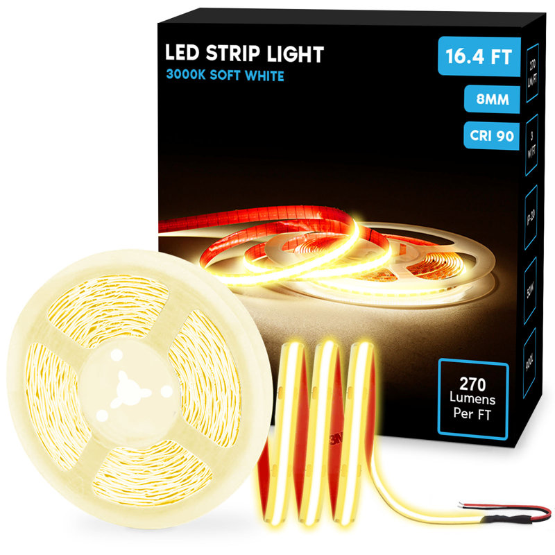 Ruban lumineux à DEL Luxrite 16,4 pi, 8 mm, 270 lumens / pi, coupé à la longueur, 3 W / pi, IRC 90, ruban adhésif flexible 24 V, UL