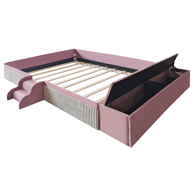 Modern Upholstered Montessori Bed With Storage Bench And Step Stool, Queen, Pink