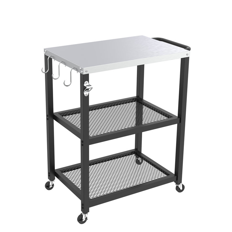 3-Tier Metal Rolling Utility Cart with Tabletop, Swivel Casters, Handle, S-Hooks and Bottle Opener, Multipurpose Mobile Storage Trolley for Kitchen, Garage & Home