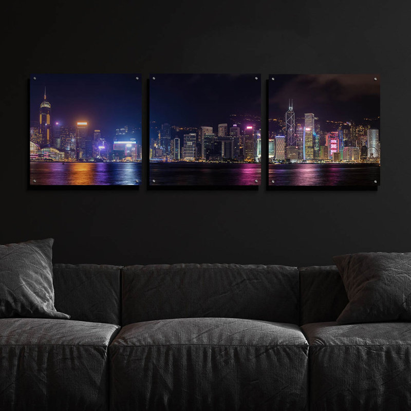 «Good Night Hong Kong» par Epic Portfolio, ensemble d'art mural en verre acrylique, 3 pièces, H 24 po x l 72 po
