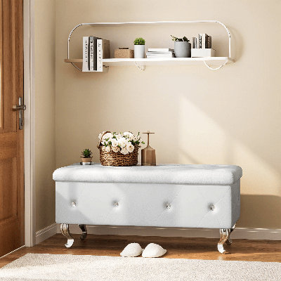 Storage Ottoman Bench For Bedroom, PU Leather Upholstered Rectangle Entryway Bench With Legs & Crystal Buttons, 37.4" Folding Storage Bench For Livin by Mercer41