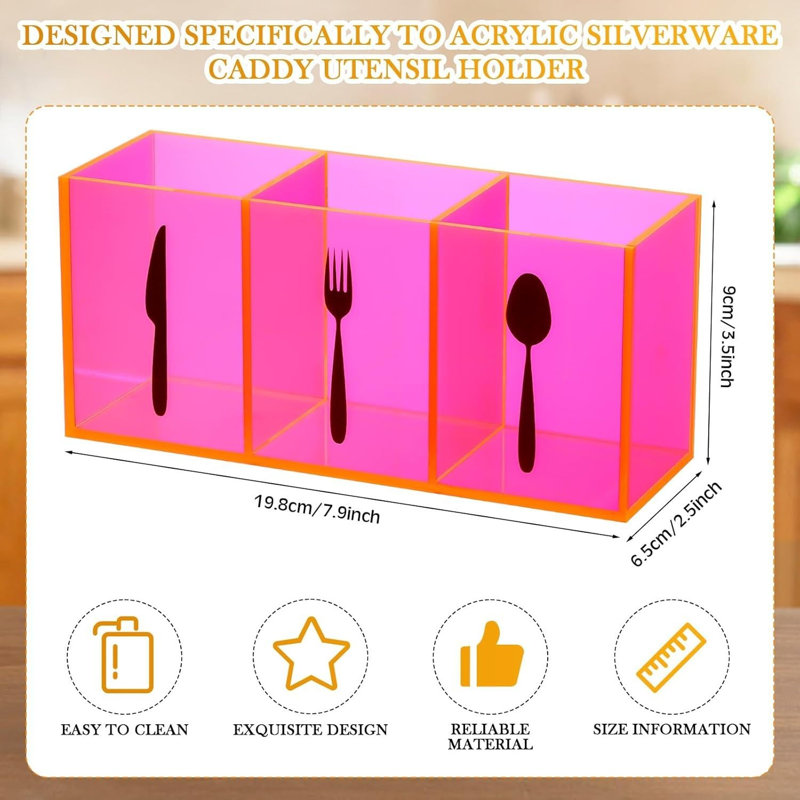 Pink Acrylic Cutlery Organizer 3 Section Silverware Caddy Storage Bin