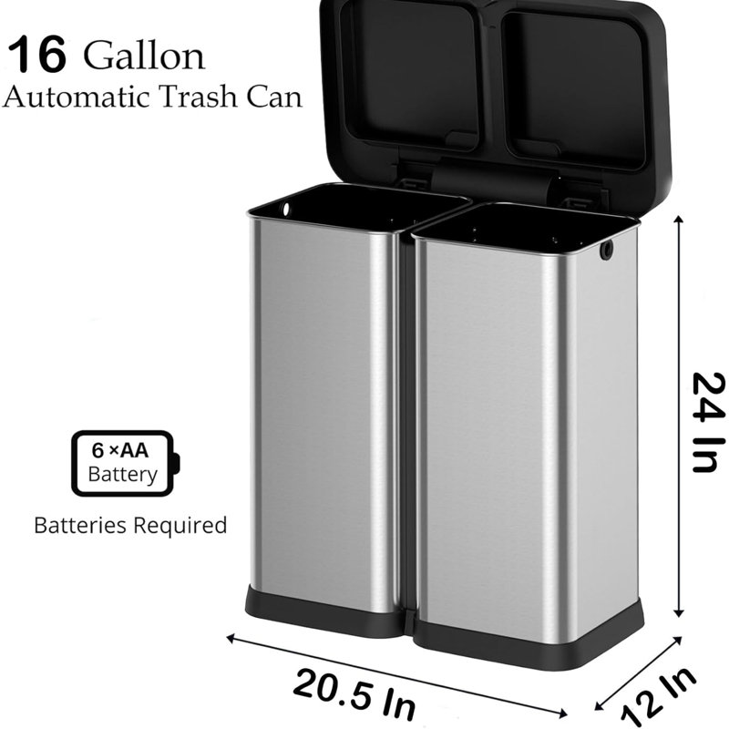 Poubelle automatique à capteur de mouvement automatique à double compartiment 60L, Argent argent