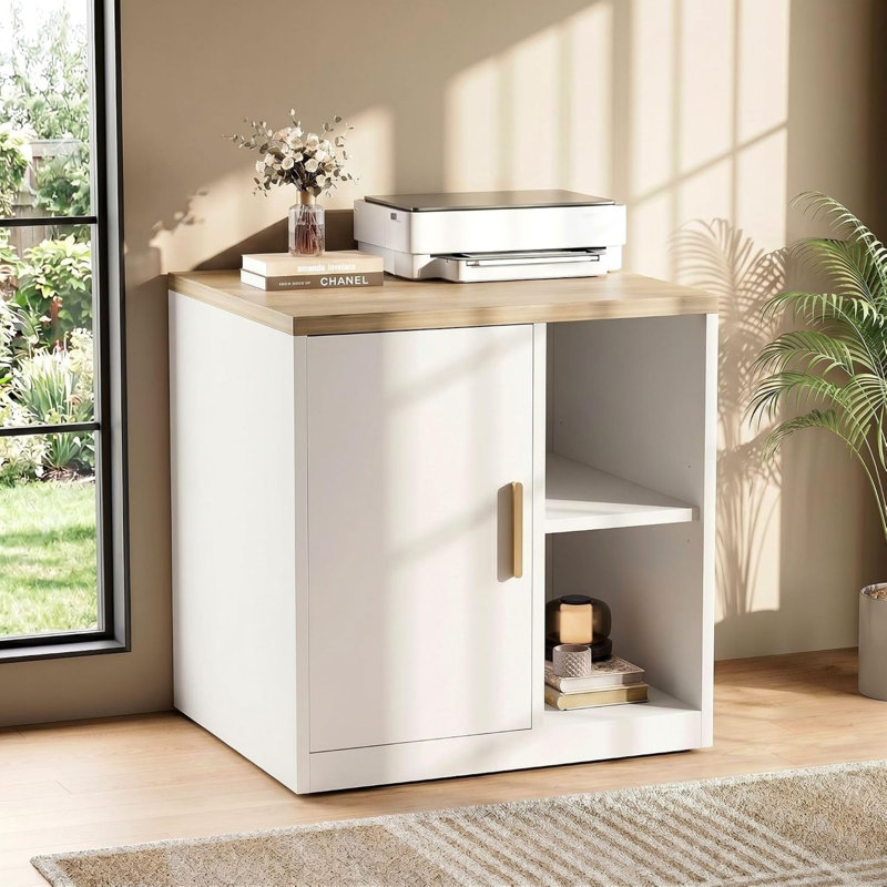 Support pour imprimante H 23 po x l 23 po avec porte et tablettes réglables, armoire de rangement sous le bureau, Noyer clair