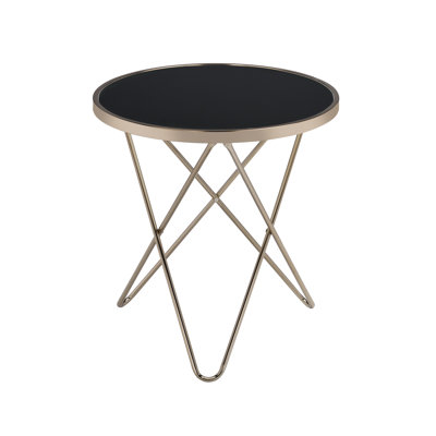 Table de bout ronde en verre noir avec base en forme de «V» superposée au fini champagne, verre de 5 mm, 22 pouces dans toutes les directions, capacité de 40 lb et plus, limite de poids