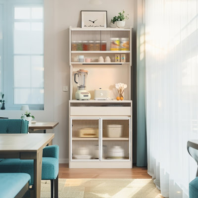Buffet de 31,5 po de hauteur, unité de rangement autoportante étroite avec lumières DEL et plateau en pierre frittée pour le rangement du vin et de la vaisselle, idéal pour les petits appartements