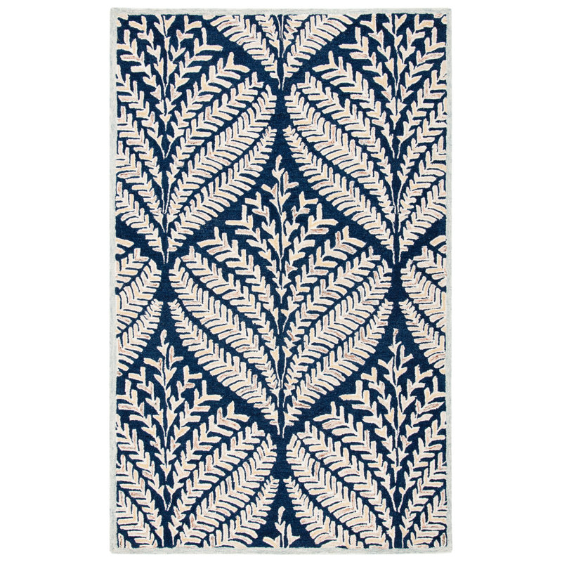 Arisdelsy Floral Handmade Tufted Wool Navy/Ivory Area Rug, Rectangle 3' x 5'