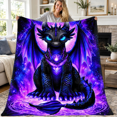 1pc Dragon Blanket, Cute Fantasy Creature with Big Blue Eyes and Wings, Cosmic Galaxy Print, Cozy Lightweight Warm Flannel Throw for Sofa Couch Bed Living Room Office Travel, Home Decor All‑Season Gift