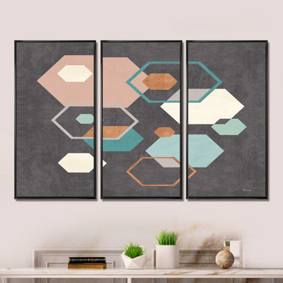 «Geometric Hexagons Pattern IV», ensemble d'art mural encadré moderne sur toile Mid-Century