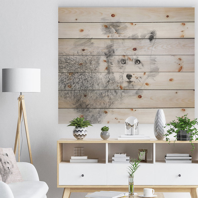 Croquis de renard noir et blanc - peinture sur bois sans cadre, H 16 po x l 32 po x P 1 po