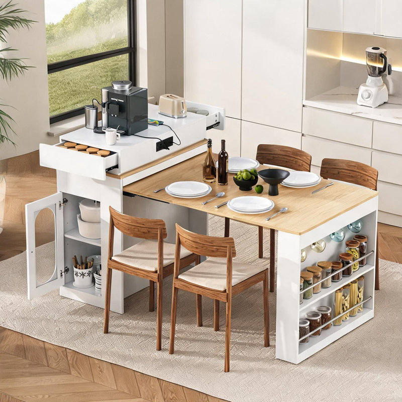 Table de salle à manger extensible à silhouette flottante avec plateau pliable et prise de courant, finition blanc crème