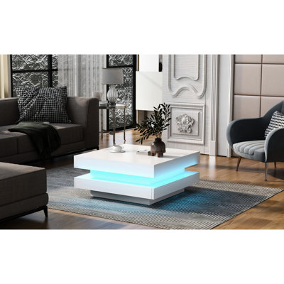 Table basse carrée à 2 lumières DEL, 31,5 po x 31,5 po x 14,2 po, blanc ultrabrillant, et table de salon polyvalente avec DEL, 2, finition blanche, tendance
