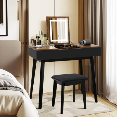 Makeup Vanity Desk With Flip-Up Mirror, Tri-Colour Led Light & Touch Control, Writing Desk With Power Outlet, Bedroom Dressing Table With Reinforced Wooden Legs And Cushioned Stool, Black