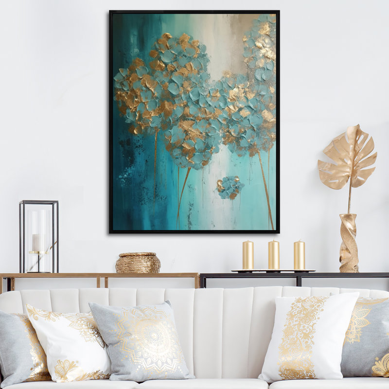 «Hydrangea Flower Blossoming Gold Retro Teal Gold I», reproduction sur toile, H 20 po x l 12 po x P 1 po, Cadre flottant noir