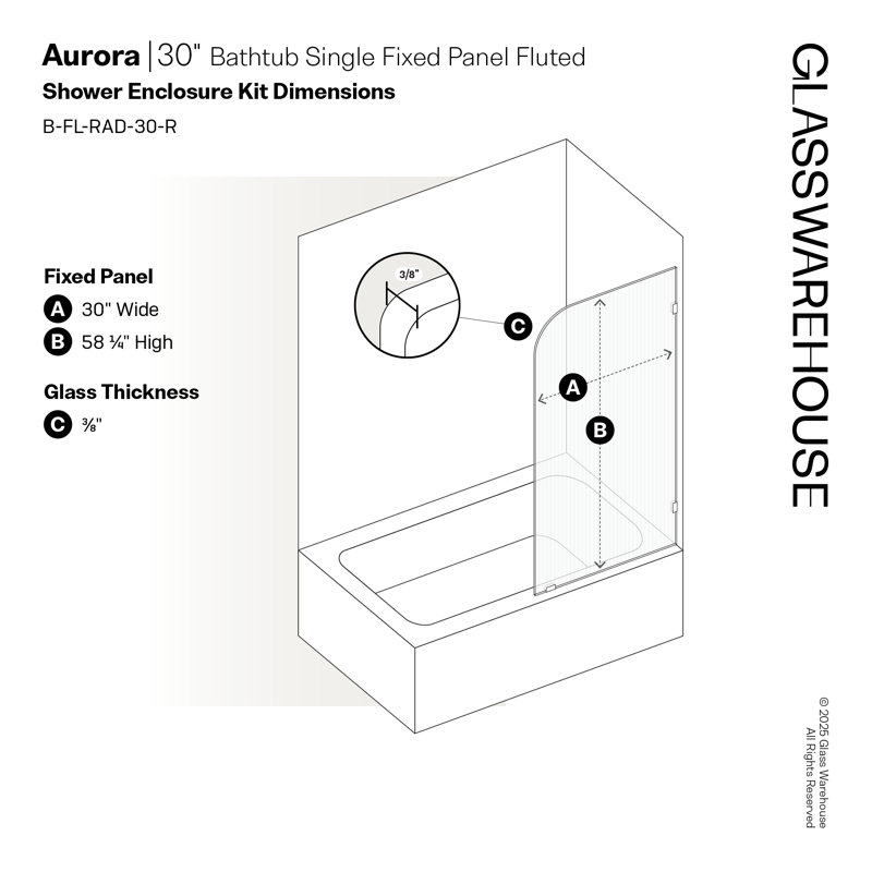 Aurora 30 in. x 58.25 in. Frameless Fluted Radius Single Fixed Bath Panel, Matte Black, Right 