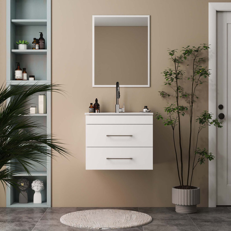 Meuble-lavabo mural brillant avec miroir, Argent argent, Blanc, 24"