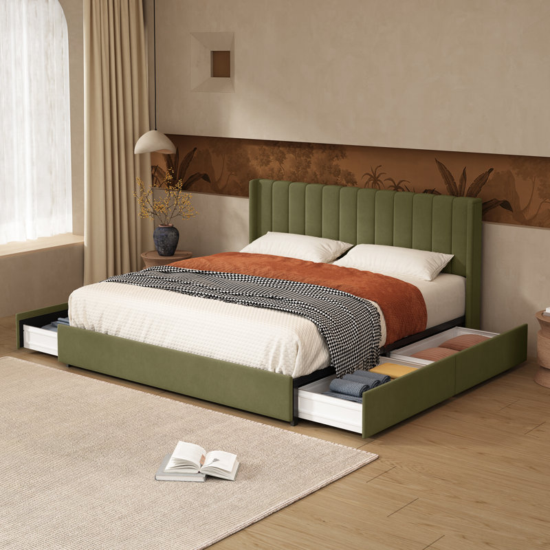 Jeilyn Upholstered Platform Drawer Storage Bed, King, Pistachio