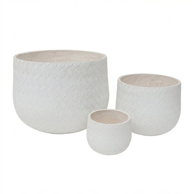 Assorted Sizes Magnesium Oxide Round Planter Set – White Woven Pattern Design For Indoor/Outdoor Use | 21.65”+14.17”+8.66” Diameter Trio With Drainage Holes