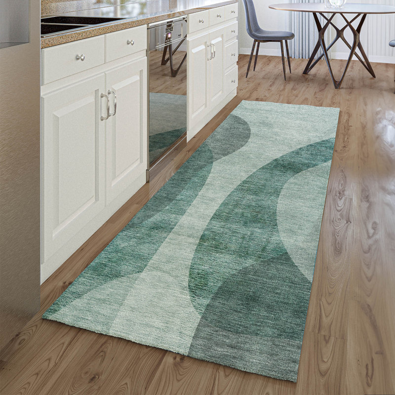 Premium Machine Washable Arnette Green Rug, Runner 2'3" x 7'6"