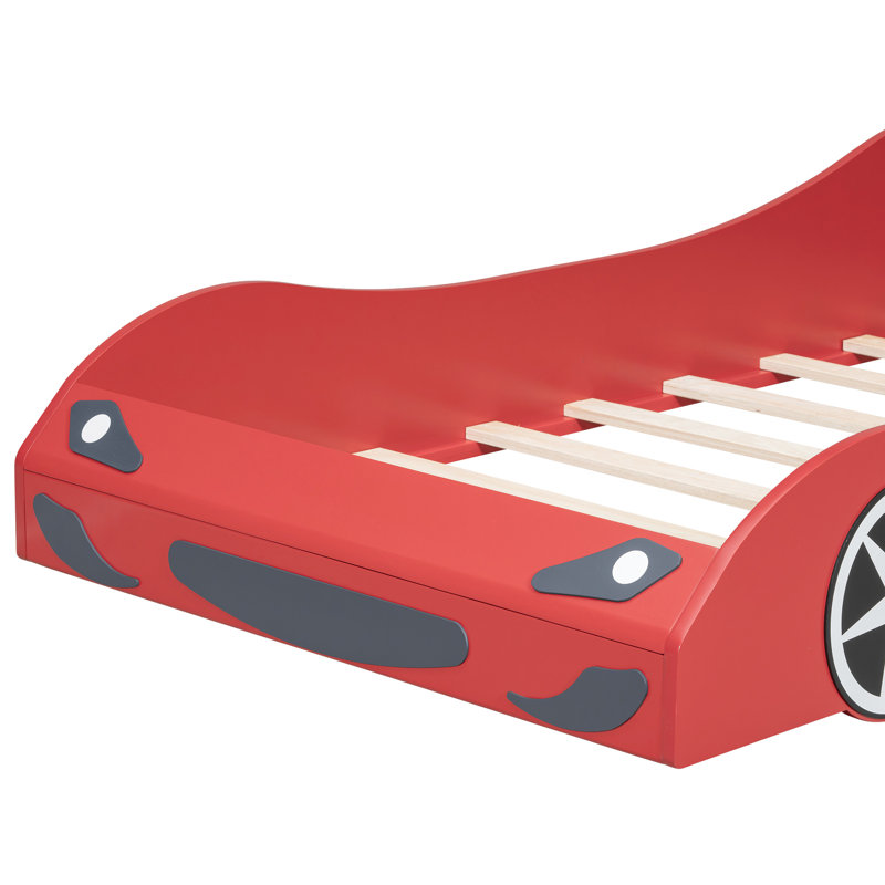 Lit simple rouge avec design de voiture de course et conduit sous le lit, dossier confortable, taille lueur