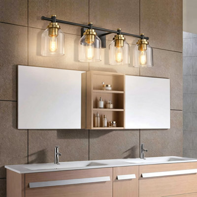 Vintage 4-Light Bathroom Vanity Light Fixture Over Mirror, Black and Brass Wall Sconce with Glass Shades, Hardwired Wall Lighting for Bathroom, Hallway, and Powder Room